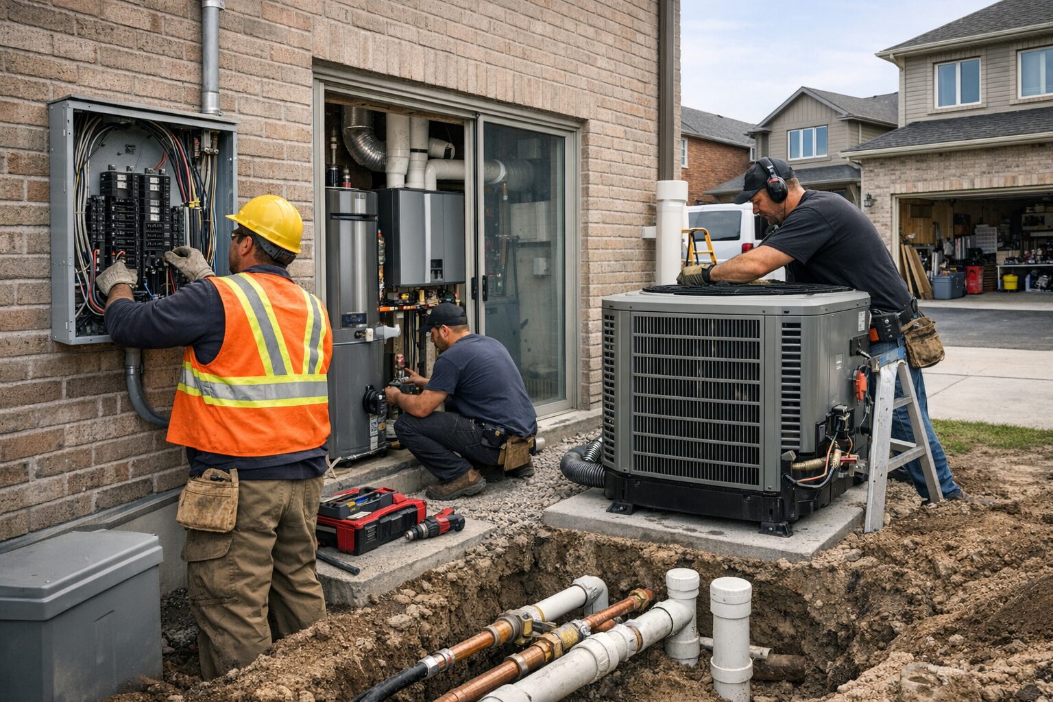 Tradespeople install HVAC, electrical, and plumbing systems outside a home