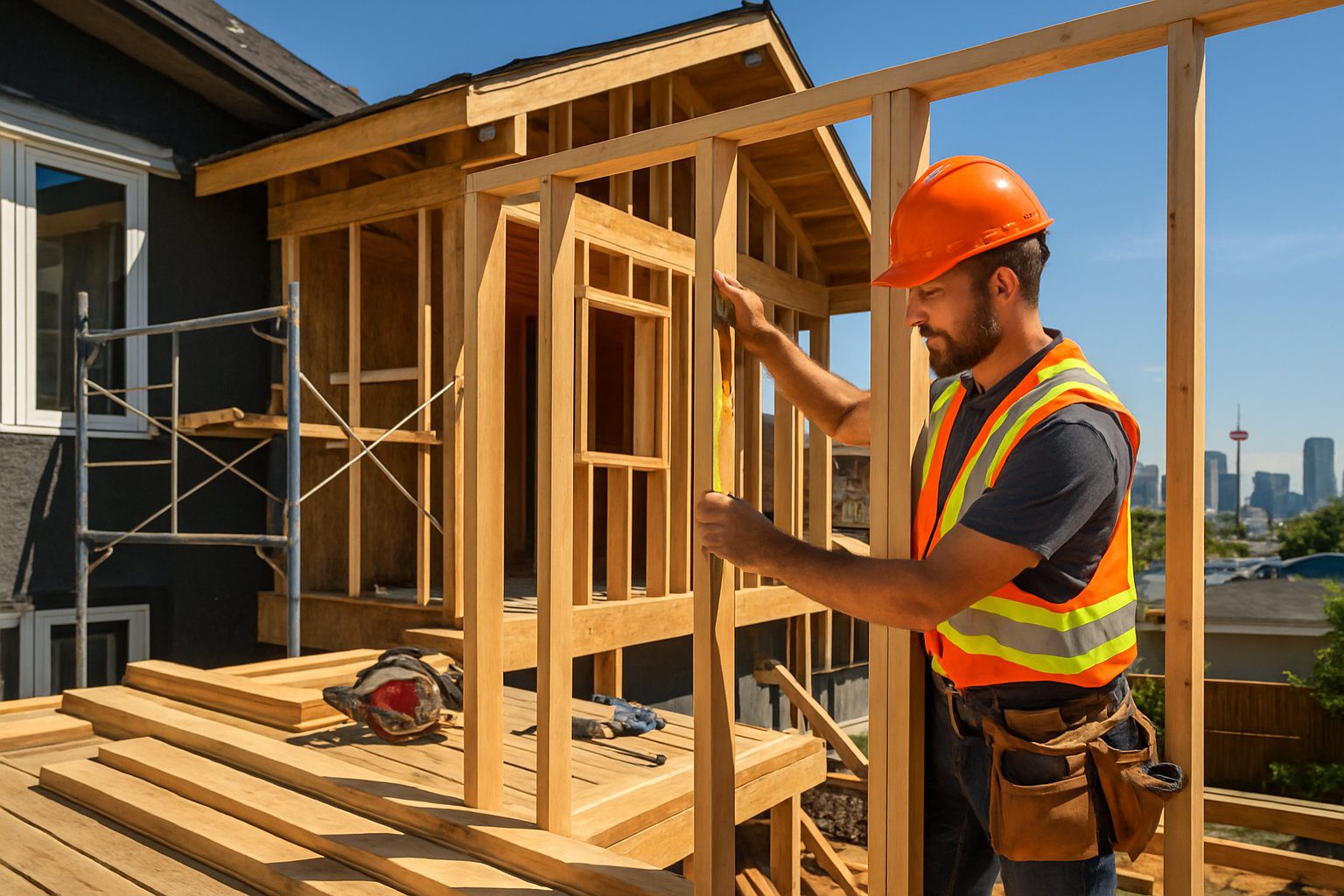 A construction worker wearing a hard hat working on a home renovation site with a partially renovated house and construction materials visible.