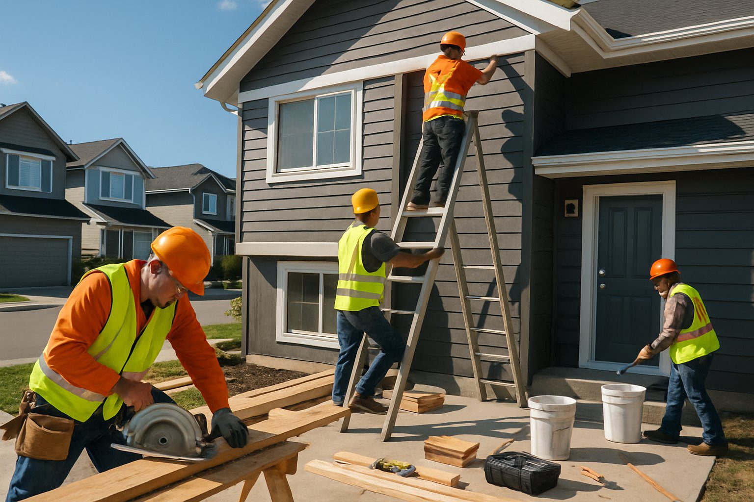 Construction workers renovating the exterior of a house in a residential neighborhood.