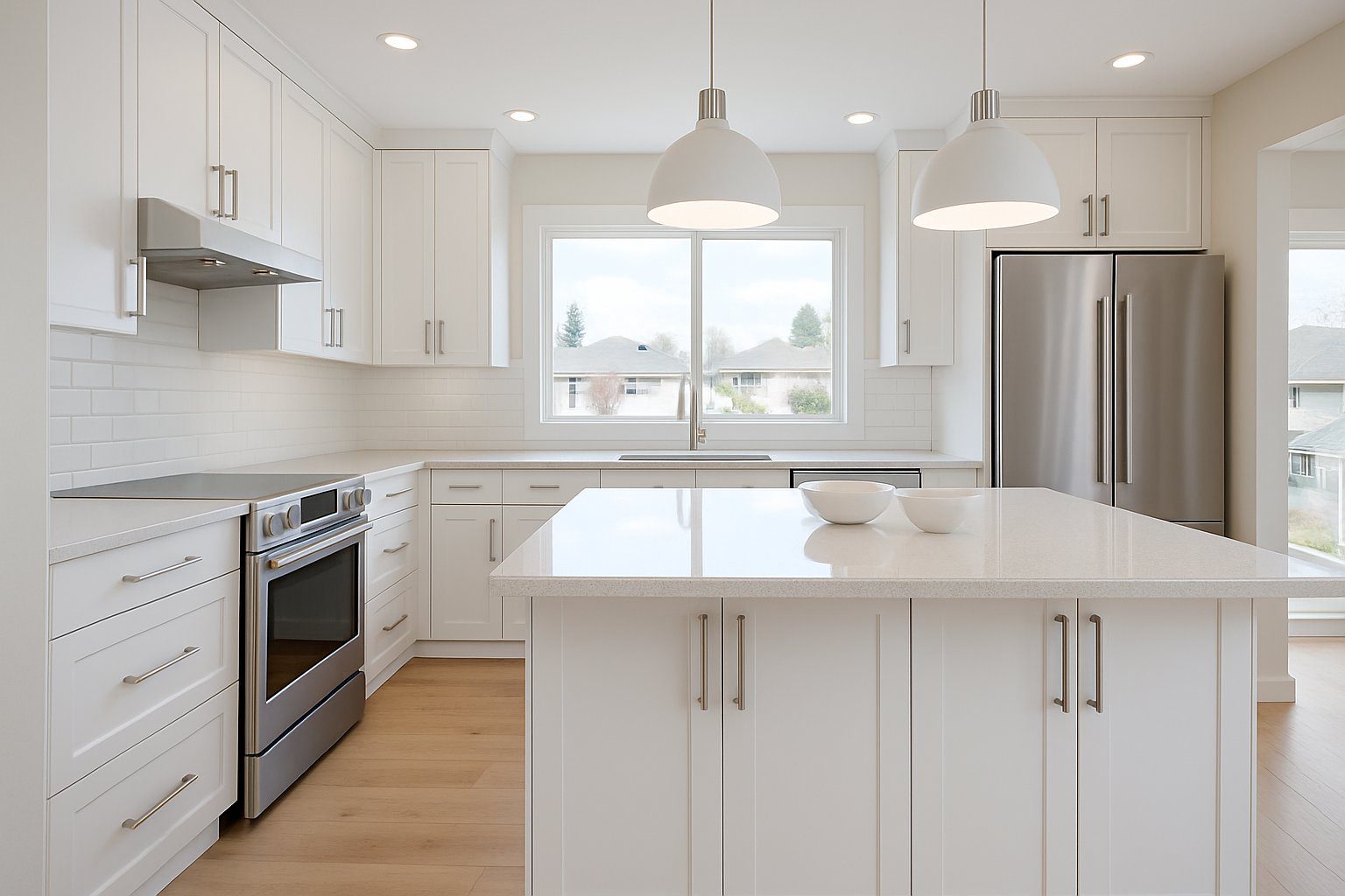 A modern renovated kitchen with white cabinets, a large island, stainless steel appliances, and a window showing a suburban neighborhood outside.