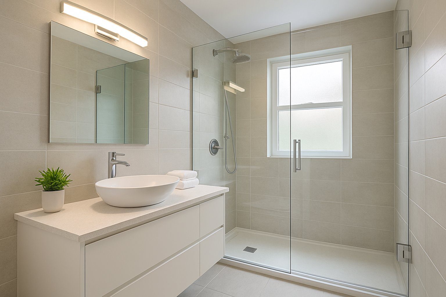 A modern bathroom with a glass shower, floating vanity, and natural light coming through a window.