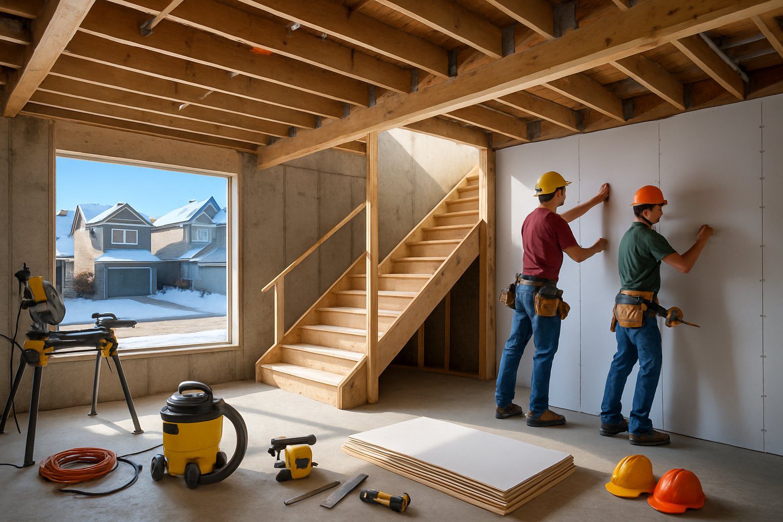 A basement under renovation with workers installing drywall and construction materials inside a suburban Calgary home, with houses visible outside.