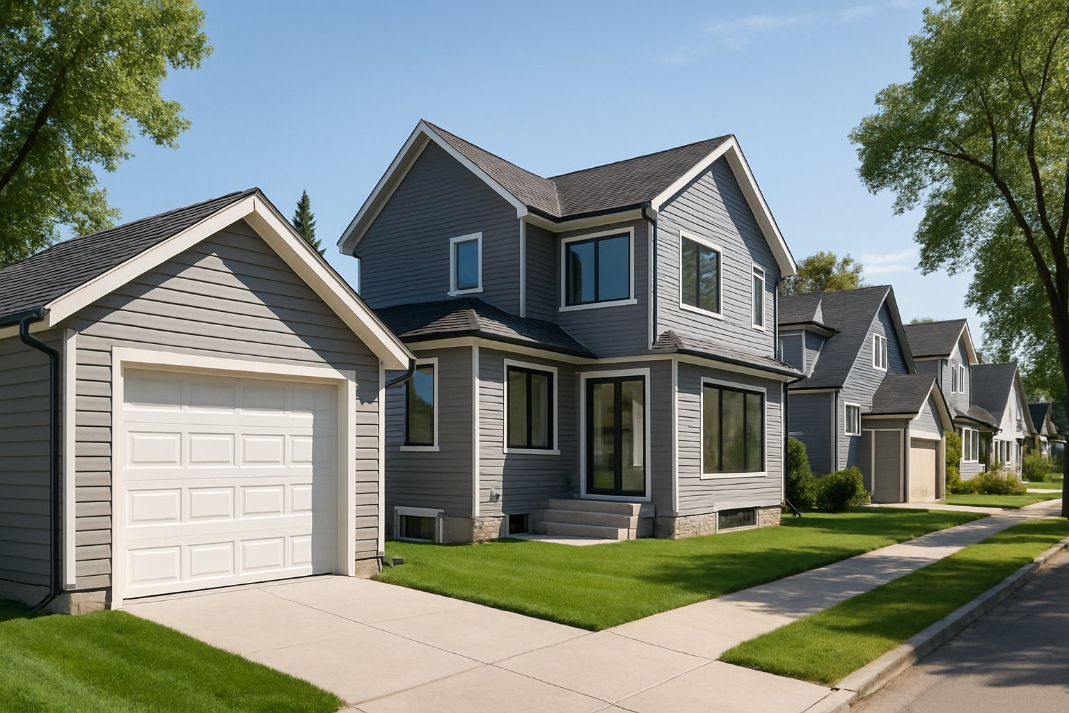 A residential neighborhood with houses featuring home additions and detached garages under clear blue skies.