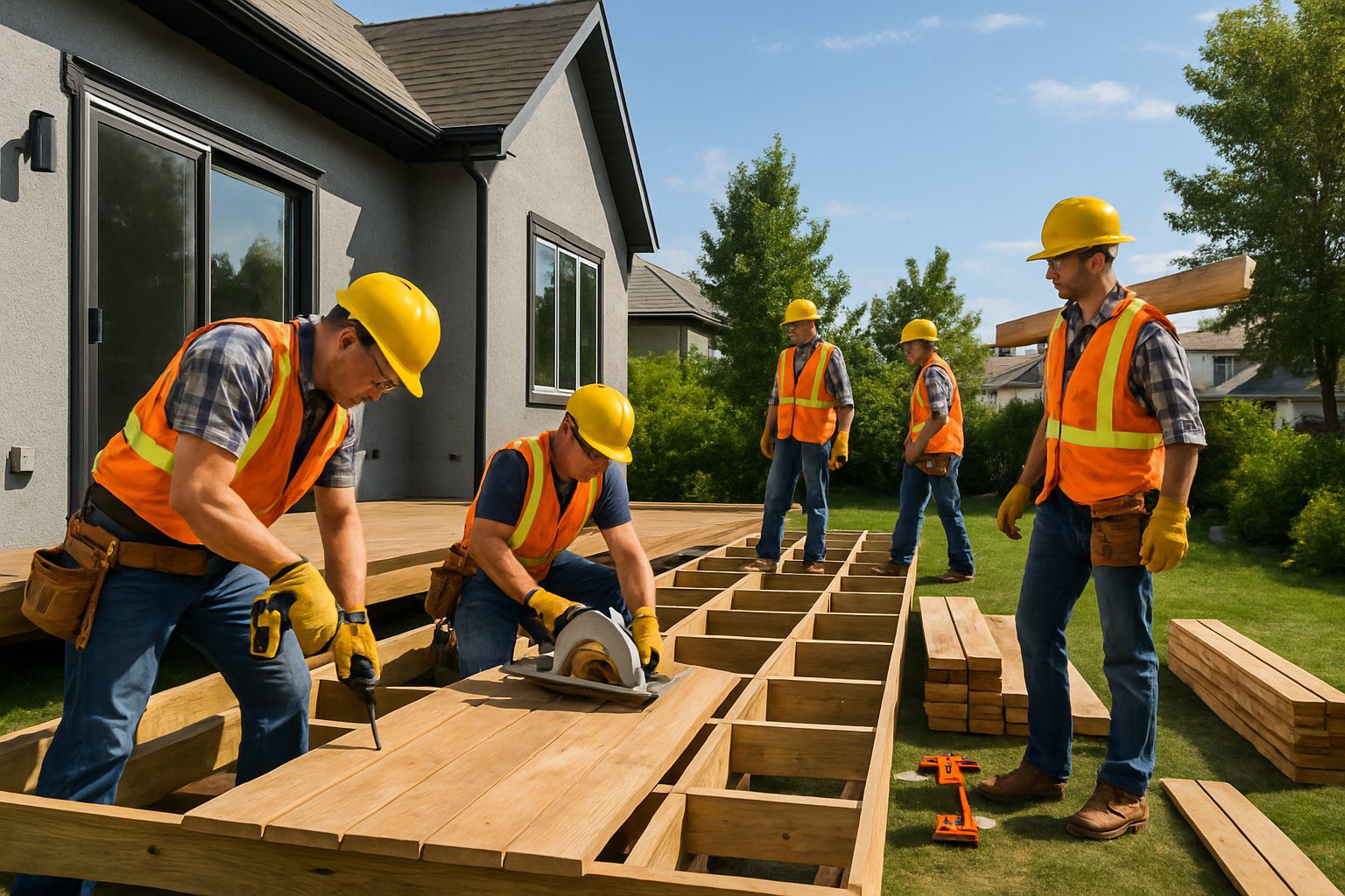 Construction workers building a wooden deck in a residential backyard with houses and greenery in the background.