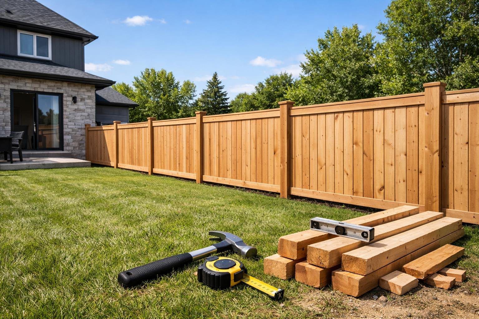 A suburban house with a newly built wooden fence around a green lawn under a clear sky.