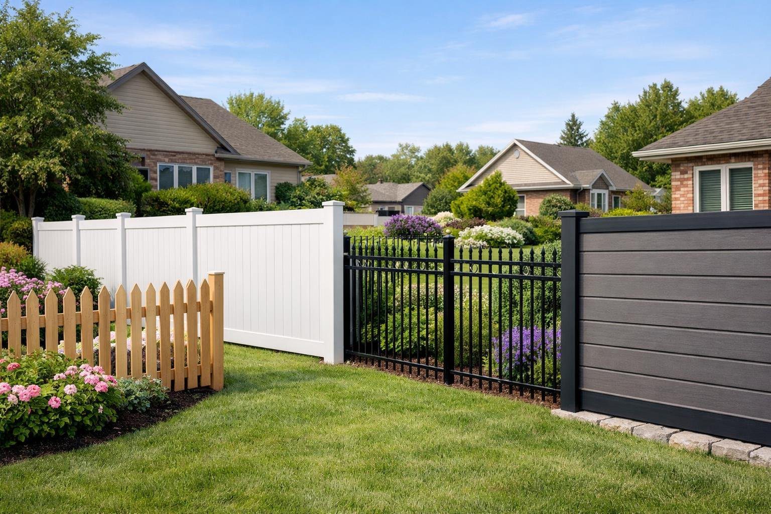 A neighborhood street with different types of newly built fences along residential properties under a clear sky.
