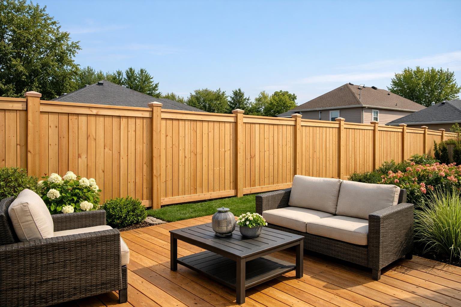 A newly built wooden fence next to a wooden deck with outdoor furniture and plants in a residential backyard.