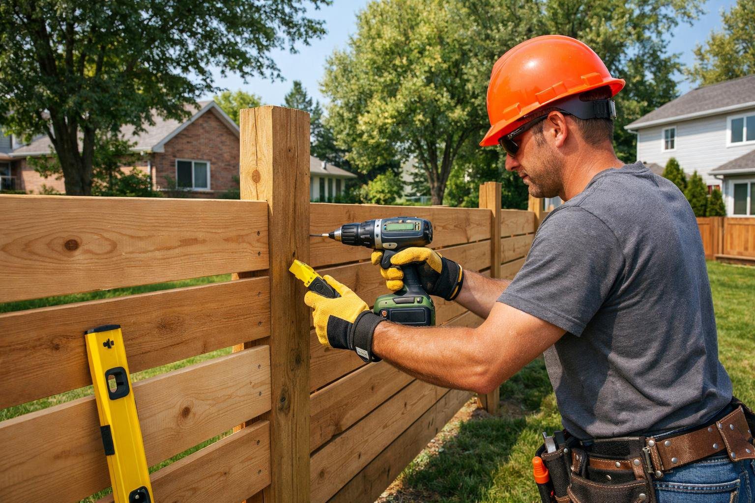 A worker installing a wooden fence along a residential property with houses and trees in the background.