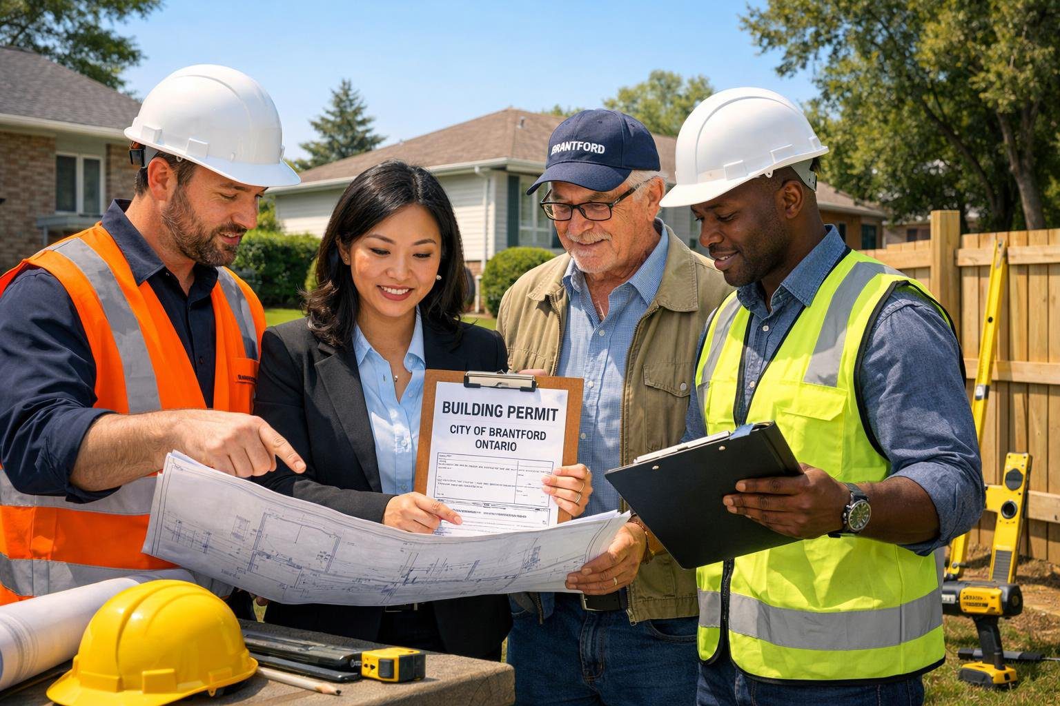 A group of professionals reviewing blueprints and permits at a residential fence construction site in a suburban neighborhood.