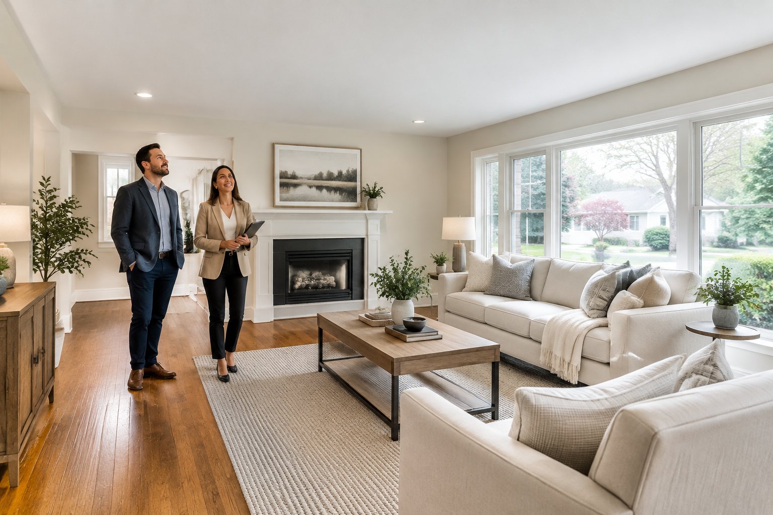 A prospective buyer and real estate agent view a bright living room with a smooth ceiling.
