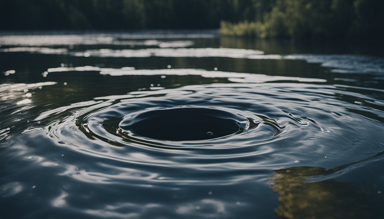 A dark, ominous water source with swirling, toxic-looking chemicals and warning signs