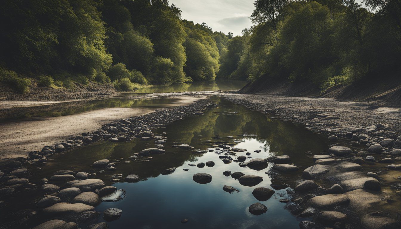 A dark, polluted river flows through a barren landscape, with toxic waste seeping into the water. A warning sign with the words "Mercury" and "Top 10 Most Dangerous Contaminants in Our Drinking Water" stands ominously by the