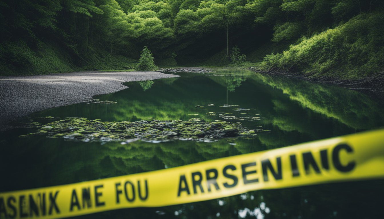 A dark and murky water source with toxic green hues, labeled "Arsenic" in bold letters, surrounded by warning signs and caution tape