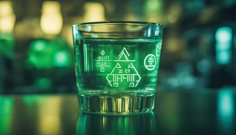 A glass of water with a sinister greenish tint, surrounded by ominous chemical symbols and warning signs