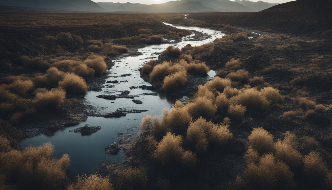 A dark, polluted river flows through a desolate landscape, surrounded by dead and dying vegetation. The water is murky and filled with toxic chemicals, emitting a noxious odor