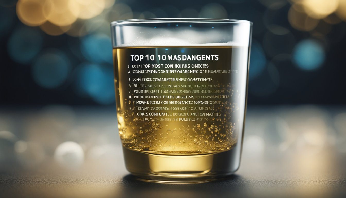 A glass of water with visible contaminants, labeled "Top 10 Most Dangerous Contaminants." Surrounding the glass are images of pharmaceuticals and pollutants