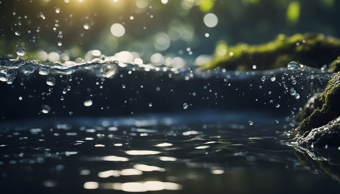 A dark, murky water source with visible chemical pollutants floating on the surface. The water appears contaminated and unsafe for consumption