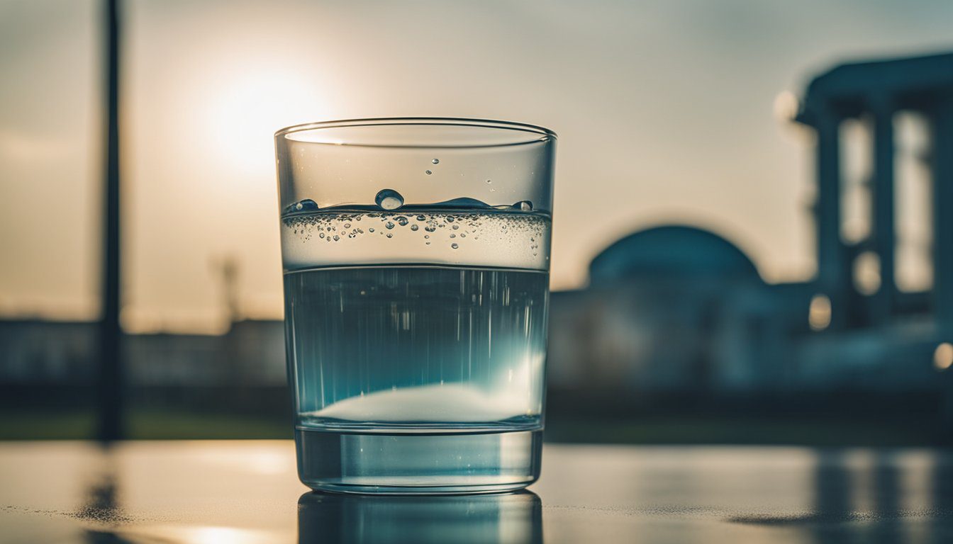 A glass of water with visible bacteria and contaminants floating in it, with a backdrop of a water treatment plant or polluted water source