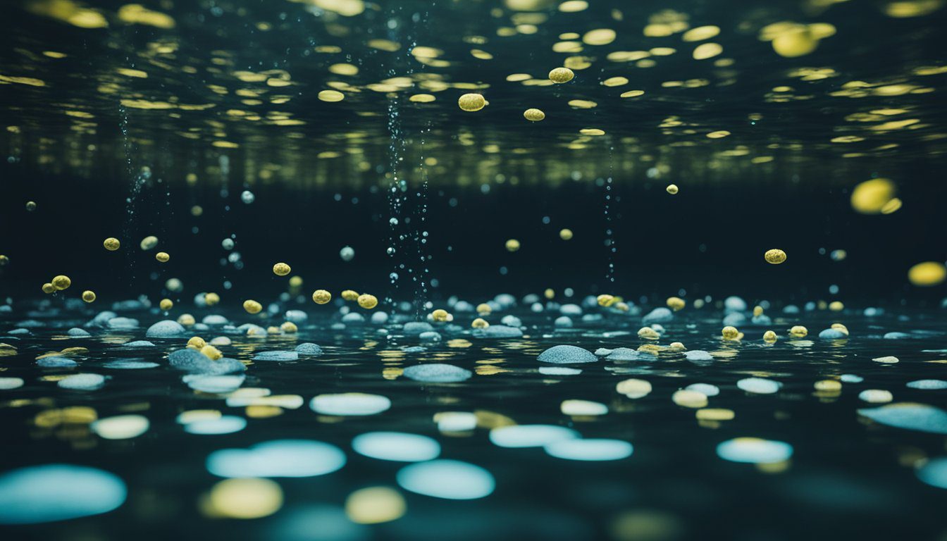 A dark and murky water source with ominous-looking viruses floating in the water, surrounded by signs warning of contamination