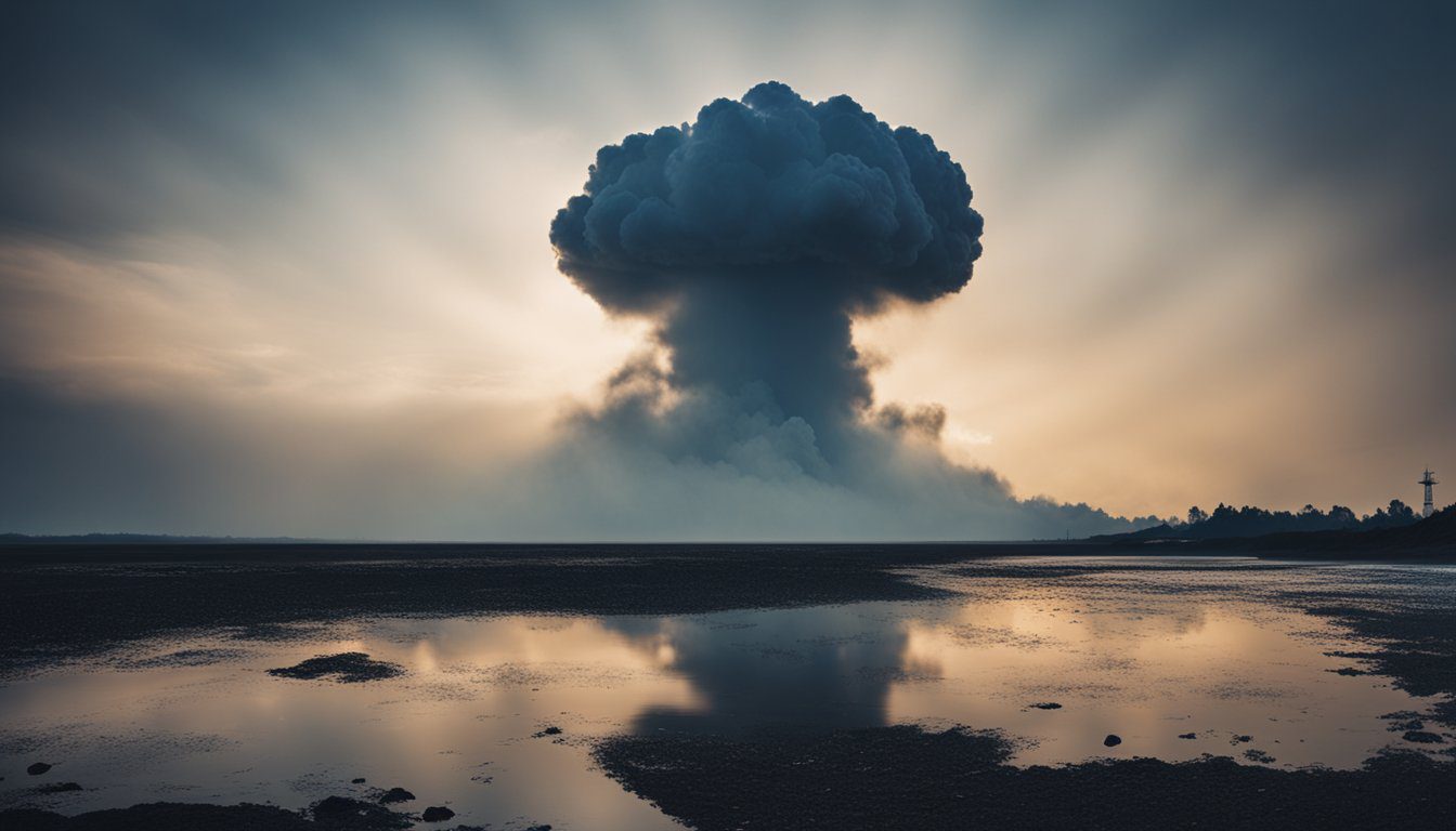 A dark, ominous cloud of gas seeping from the earth into a water source, with warning signs and a sense of danger looming