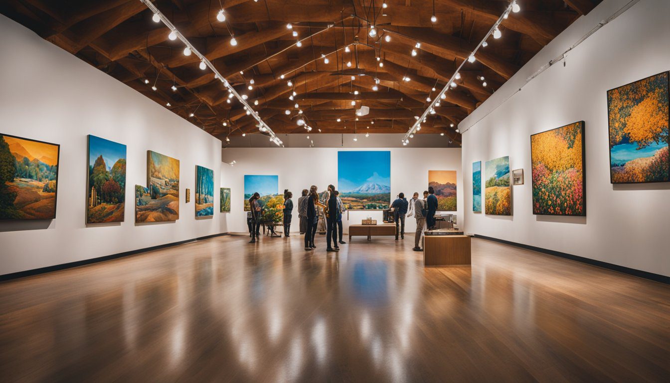 A bustling art gallery filled with vibrant and thought-provoking paintings by Mark Vallen, capturing the essence of California's diverse and dynamic art scene