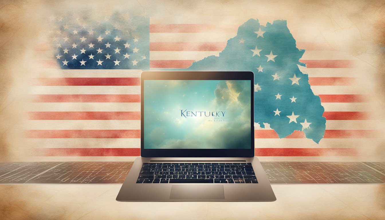 A computer screen displaying a sleek and modern website design, with the Kentucky state outline and American flag subtly incorporated into the layout