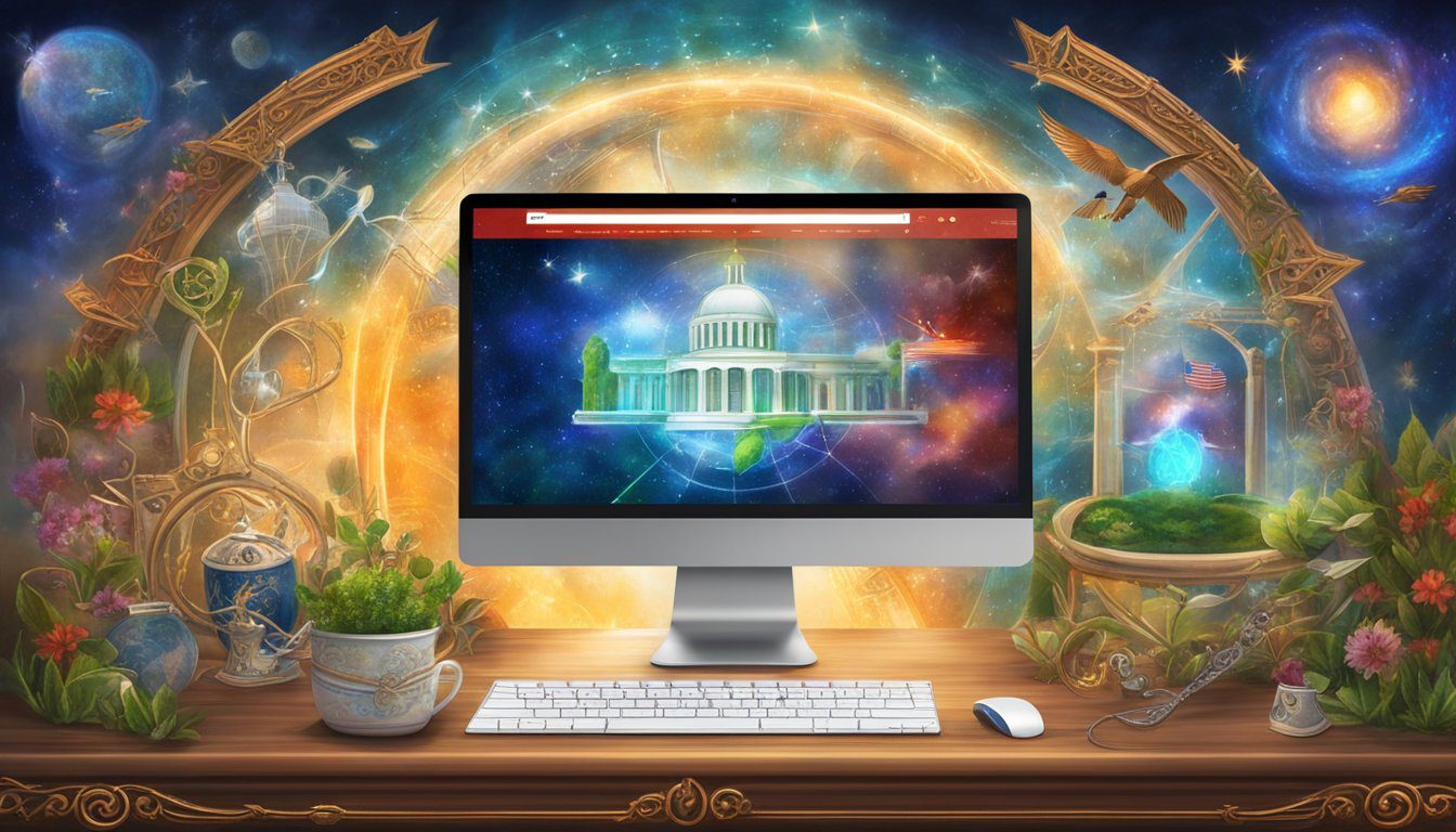 A computer screen displaying a website with the "Web Design Kentucky" logo, surrounded by search engine optimization tools and a stylized American flag background