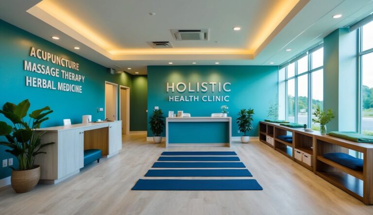 A serene holistic health clinic with areas for acupuncture, massage therapy, herbal medicine, and yoga classes