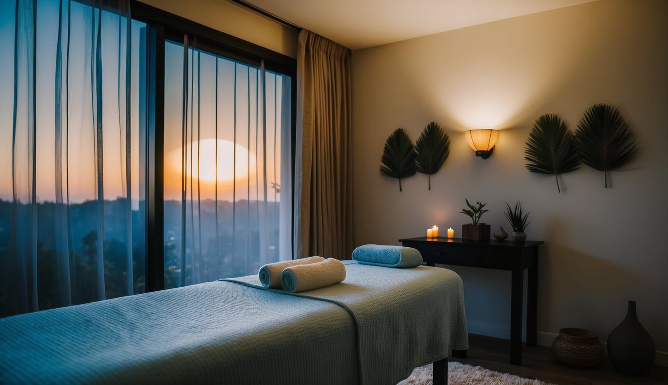 A serene room with a massage table, dim lighting, and soothing music. A tranquil atmosphere with incense and natural decor