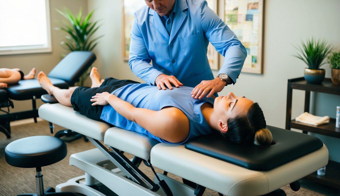 A person lying on a chiropractic table while a practitioner performs an adjustment. Surrounding the scene are other holistic health services such as acupuncture, massage therapy, and nutritional counseling