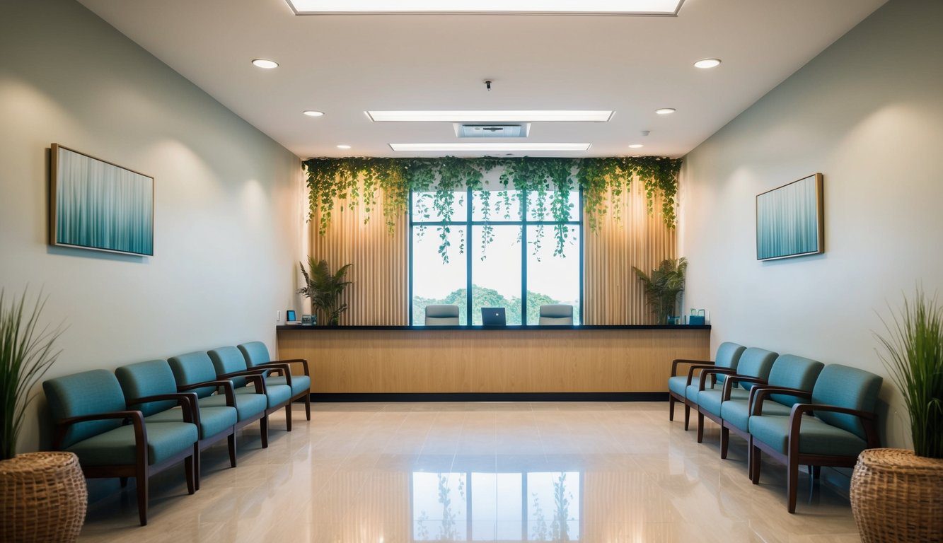 A serene waiting room with natural decor, a reception desk, and comfortable seating. Soft lighting and soothing music create a calming atmosphere