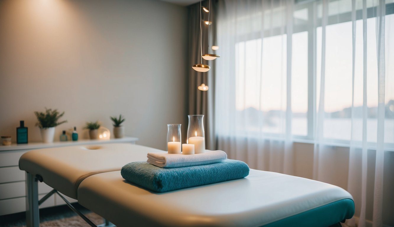 A serene room with a massage table, soft lighting, and calming decor. Aromatherapy scents fill the air, creating a relaxing atmosphere for holistic health services