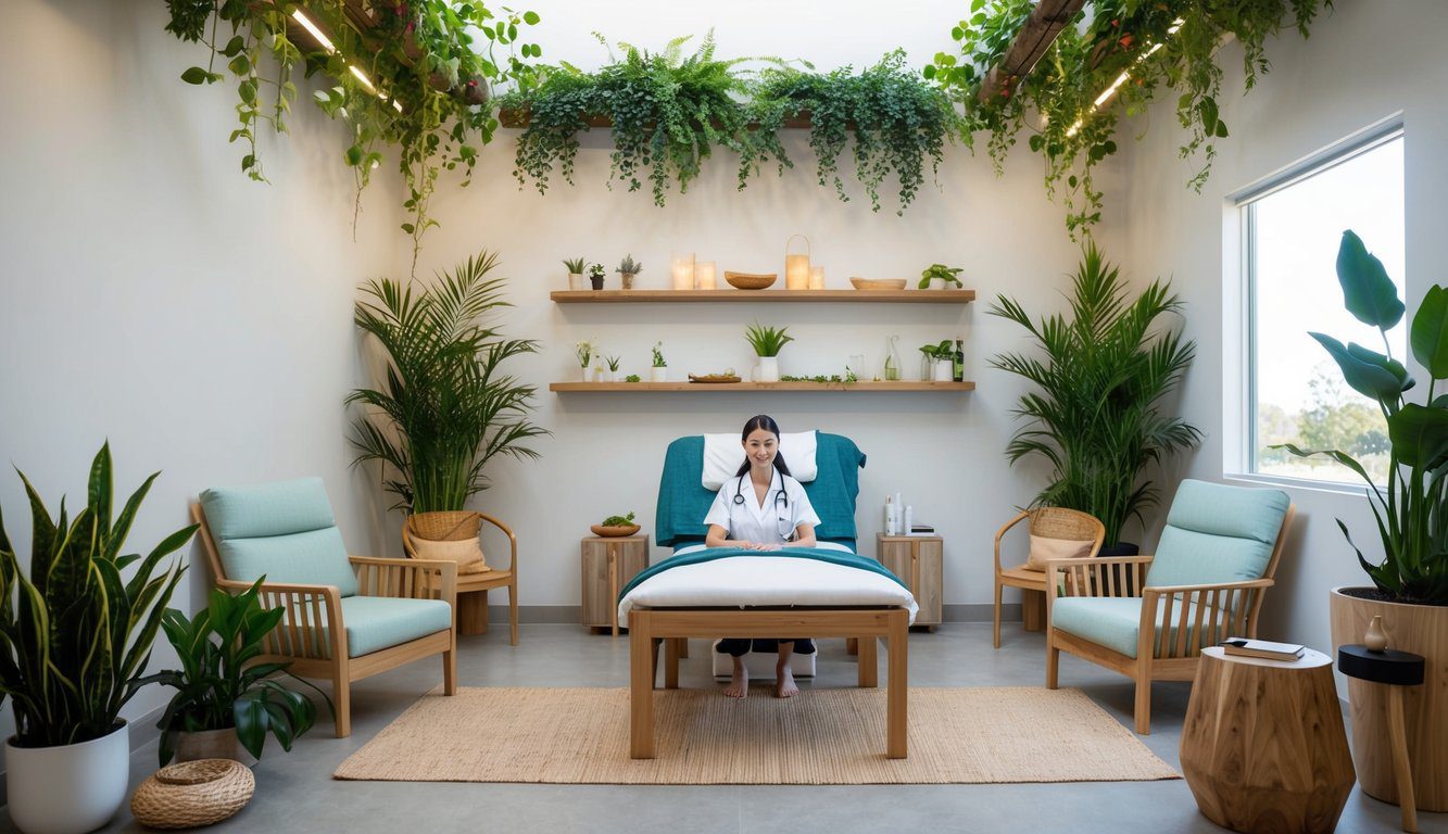 A serene, modern clinic with natural elements like plants and wood. Various holistic health services such as acupuncture, massage, herbal remedies, and nutrition counseling are being offered