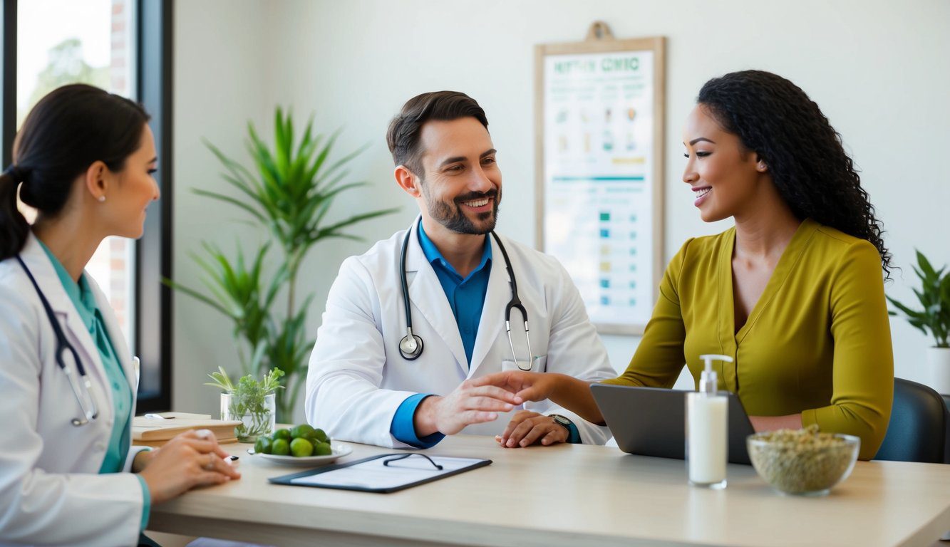 A holistic health clinic scene with a nutritionist counseling a client, alongside other key health services such as acupuncture, massage therapy, and herbal medicine