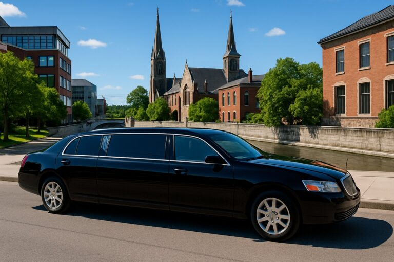 A black luxury limousine parked on a clean street in a city with modern and historic buildings in the background.