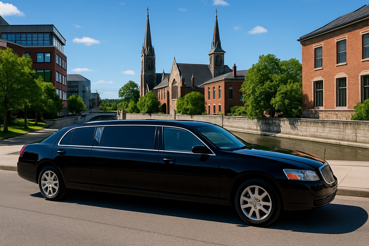 A black luxury limousine parked on a clean street in a city with modern and historic buildings in the background.