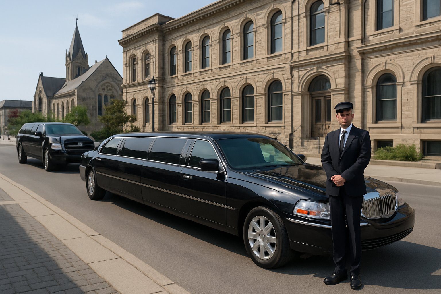 A black stretch limousine, a luxury SUV limousine, and a white classic limousine parked on a city street in Cambridge, Ontario, with a chauffeur standing nearby and historic buildings in the background.
