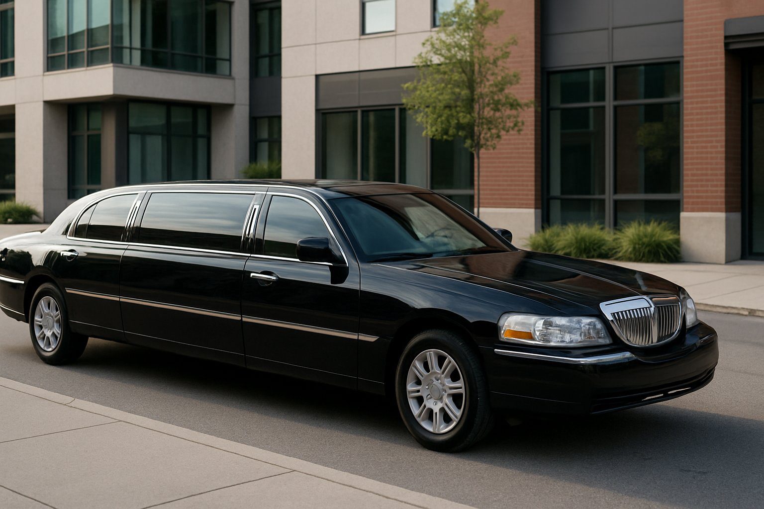 A black luxury limousine parked on a city street with modern buildings and trees in the background.