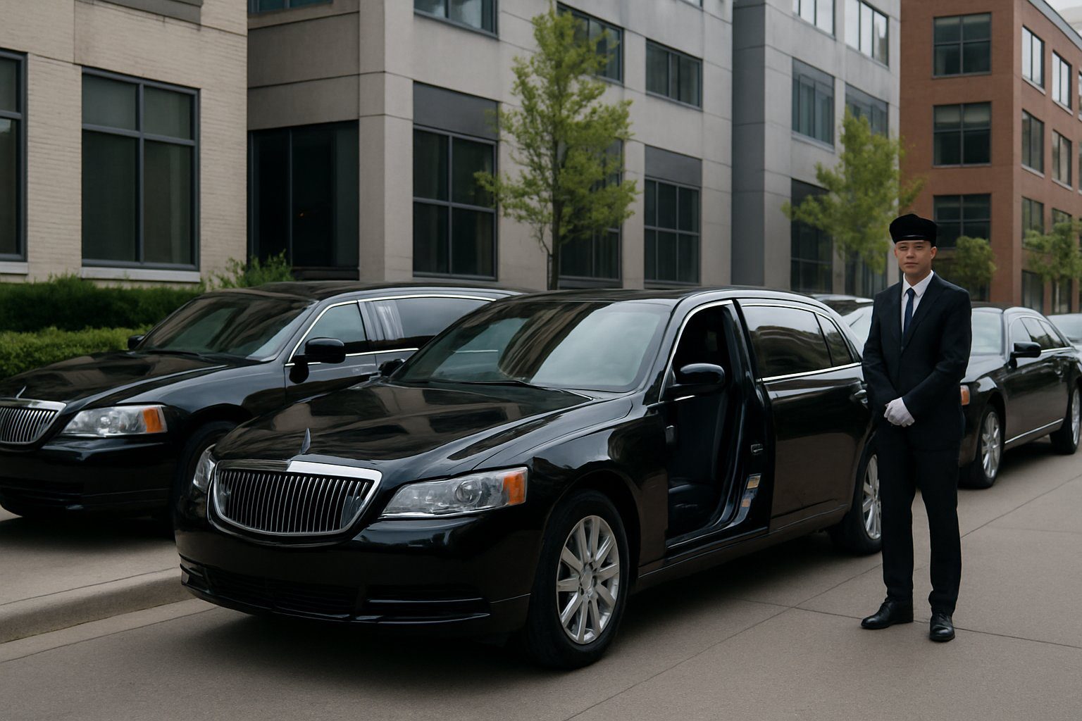 A lineup of black luxury limousines parked on a city street with a chauffeur standing by one open door, showing the interior.