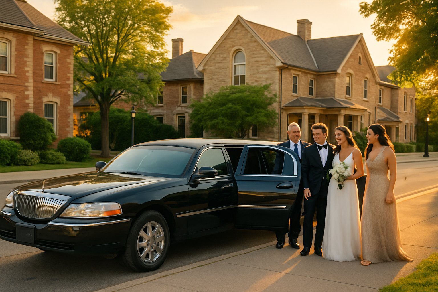 A black luxury limousine parked on a street in Cambridge, Ontario, with well-dressed people preparing for a special occasion nearby.