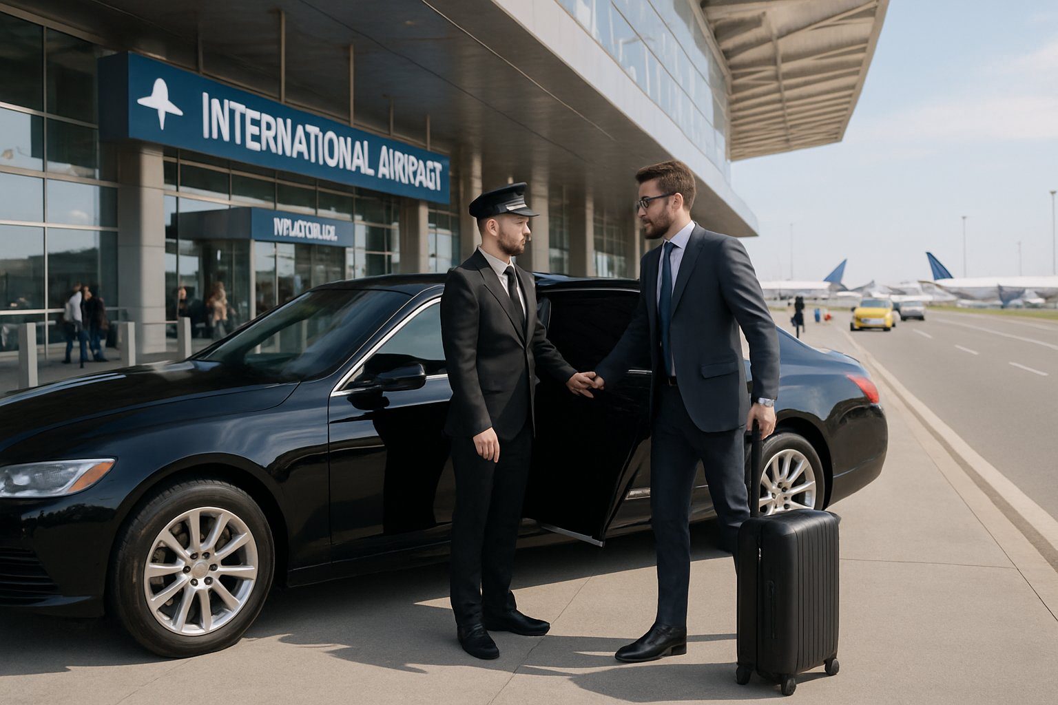 A black limousine parked outside an airport terminal with a driver opening the door for a business traveler with luggage.