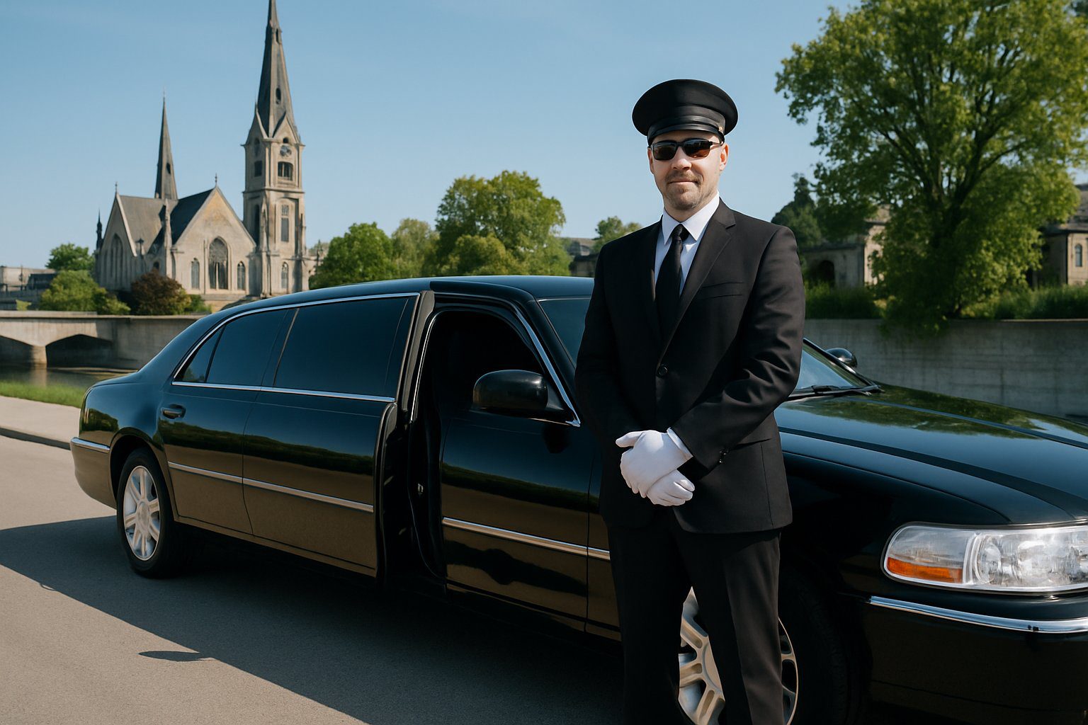 A black luxury limousine parked on a street in Cambridge with a chauffeur standing beside the open door ready to assist passengers.